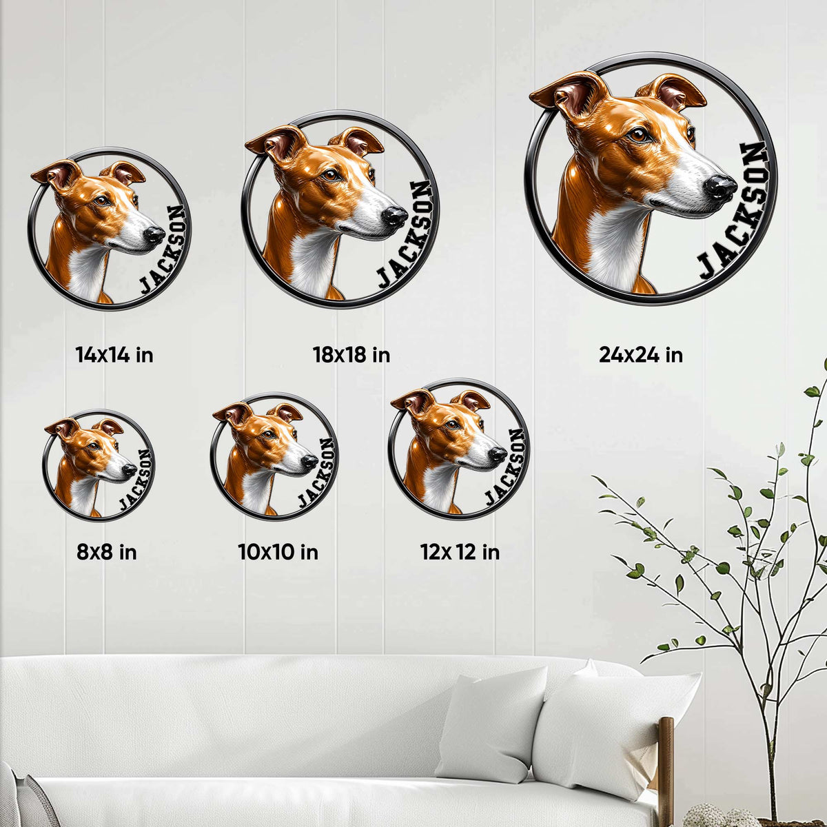 Greyhound metal sign size guide showing six square options from 8 by 8 to 24 by 24 inches