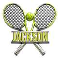 Tennis metal sign featuring crossed rackets, a bright tennis ball, and bold custom lettering