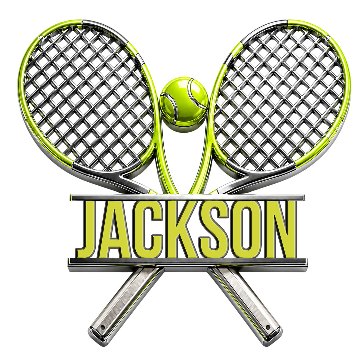 Tennis metal sign featuring crossed rackets, a bright tennis ball, and bold custom lettering