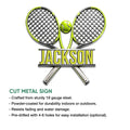 Tennis racket metal sign shown as a cut metal wall accent with a vivid green and silver design
