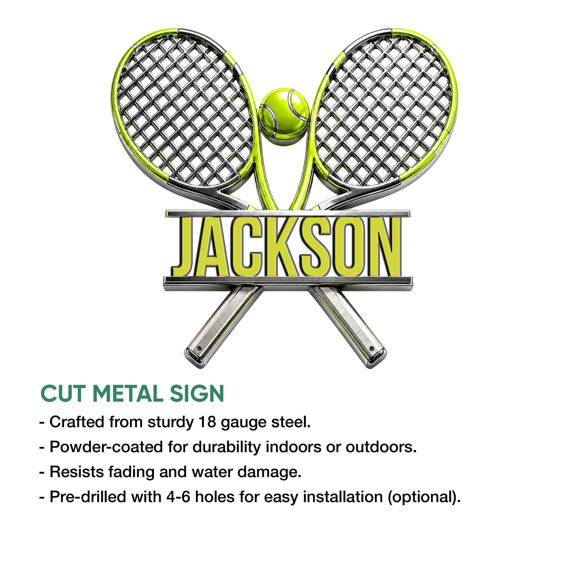 Tennis racket metal sign shown as a cut metal wall accent with a vivid green and silver design