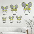 Tennis metal sign size guide showing multiple available dimensions in a styled room setting