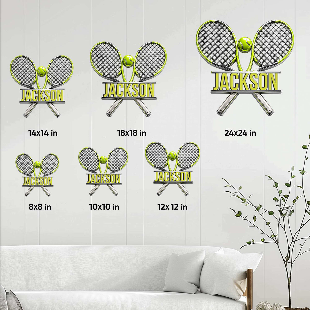 Tennis metal sign size guide showing multiple available dimensions in a styled room setting