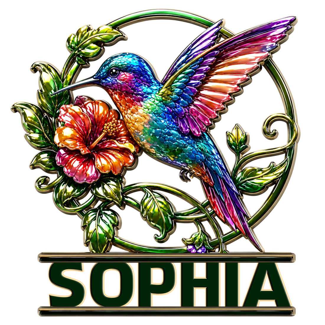 Colorful hummingbird metal sign with raised wings, tropical flower, curling vines, and vibrant jewel-toned details