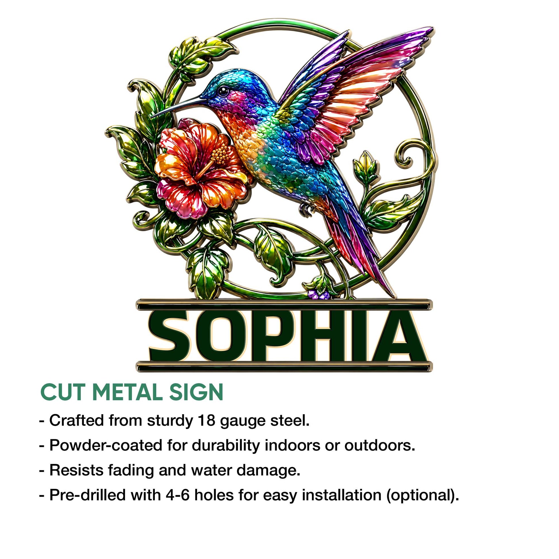 Hummingbird cut metal sign shown with a product feature infographic for indoor or outdoor display