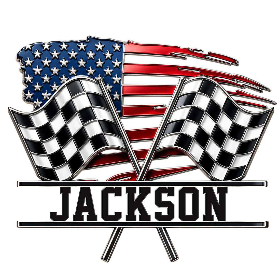 Custom racing metal sign featuring crossed checkered flags over a distressed American flag design