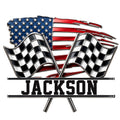 Custom racing metal sign featuring crossed checkered flags over a distressed American flag design