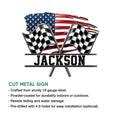 Racing metal sign product graphic showing crossed checkered flags and an American flag motif