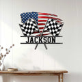 Racing wall decor displayed on a white paneled wall above a console table