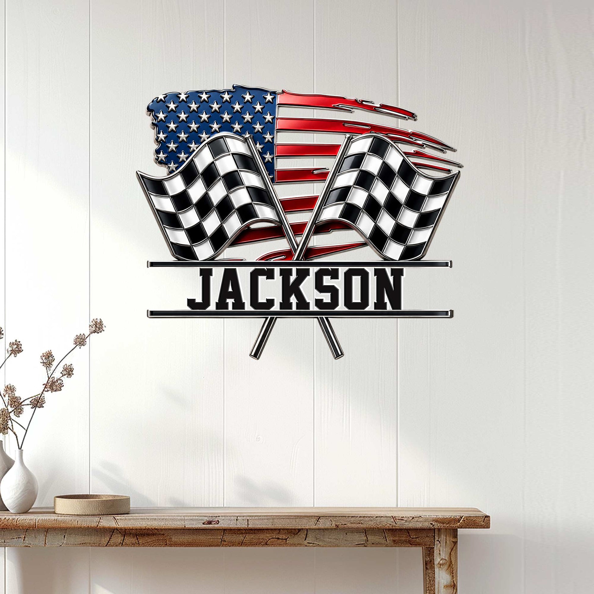 Racing wall decor displayed on a white paneled wall above a console table