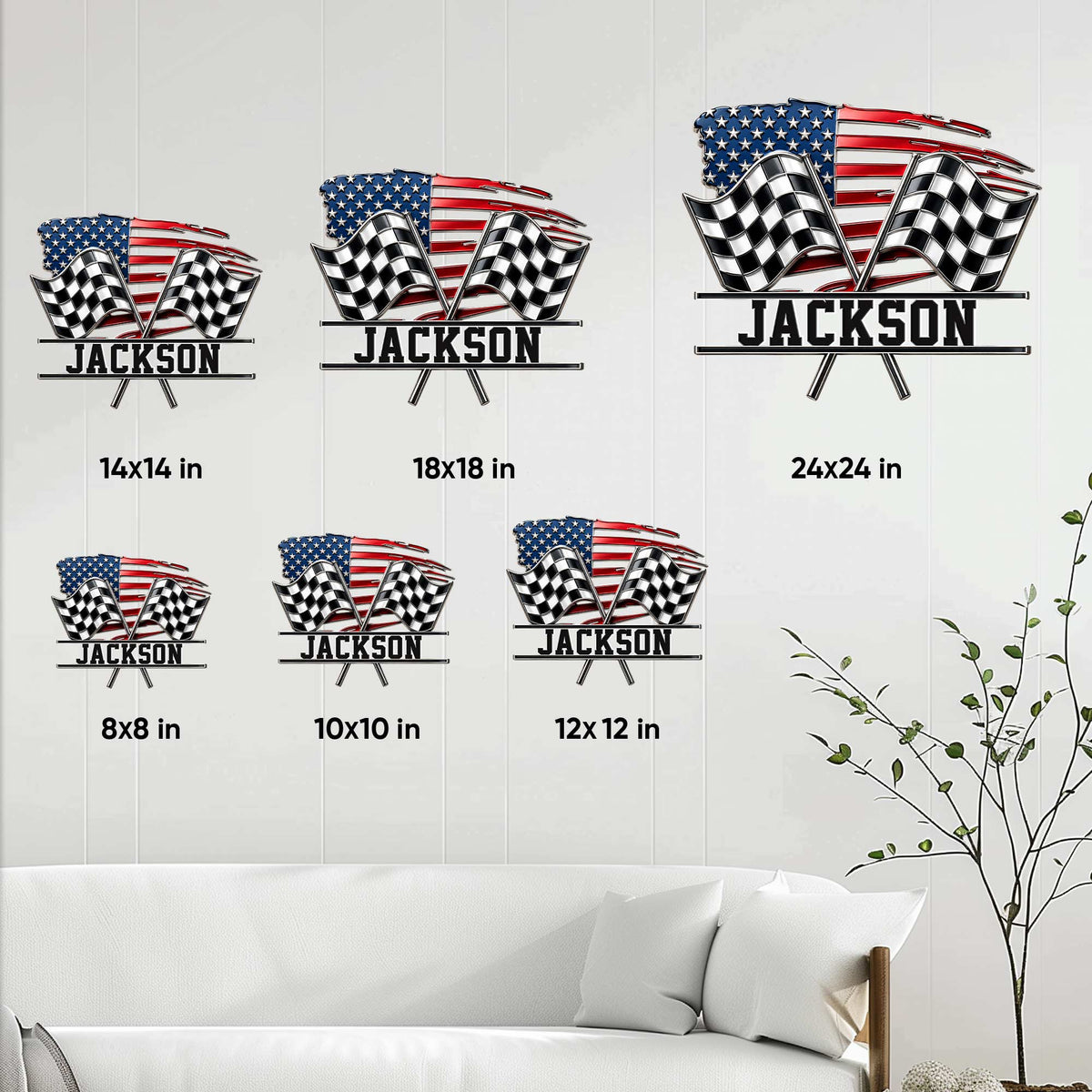 Racing metal sign size guide showing multiple size options in a home decor setting