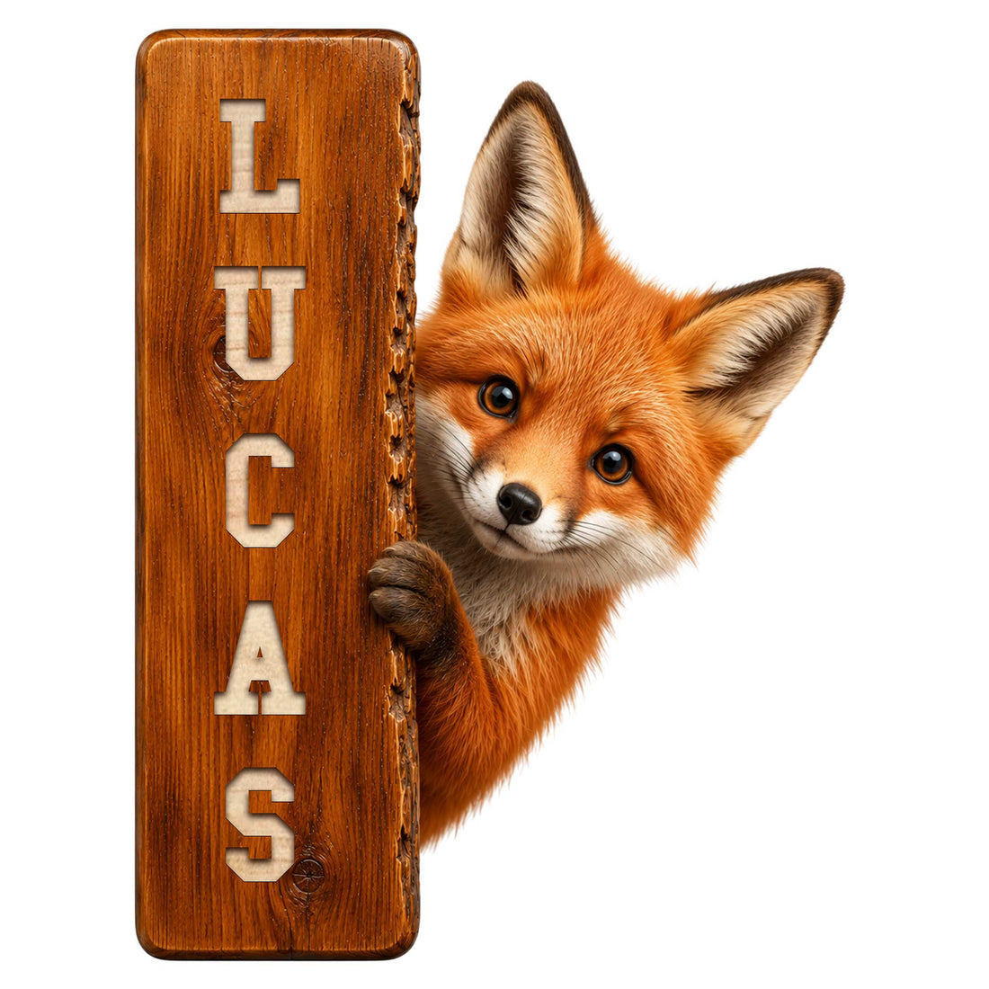 Custom fox metal sign featuring a realistic red fox peeking around a rustic wood-grain plank