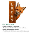 Fox metal sign product infographic showing the cut metal design and indoor or outdoor display features