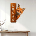 Realistic fox metal sign displayed on a light paneled wall above a rustic console table