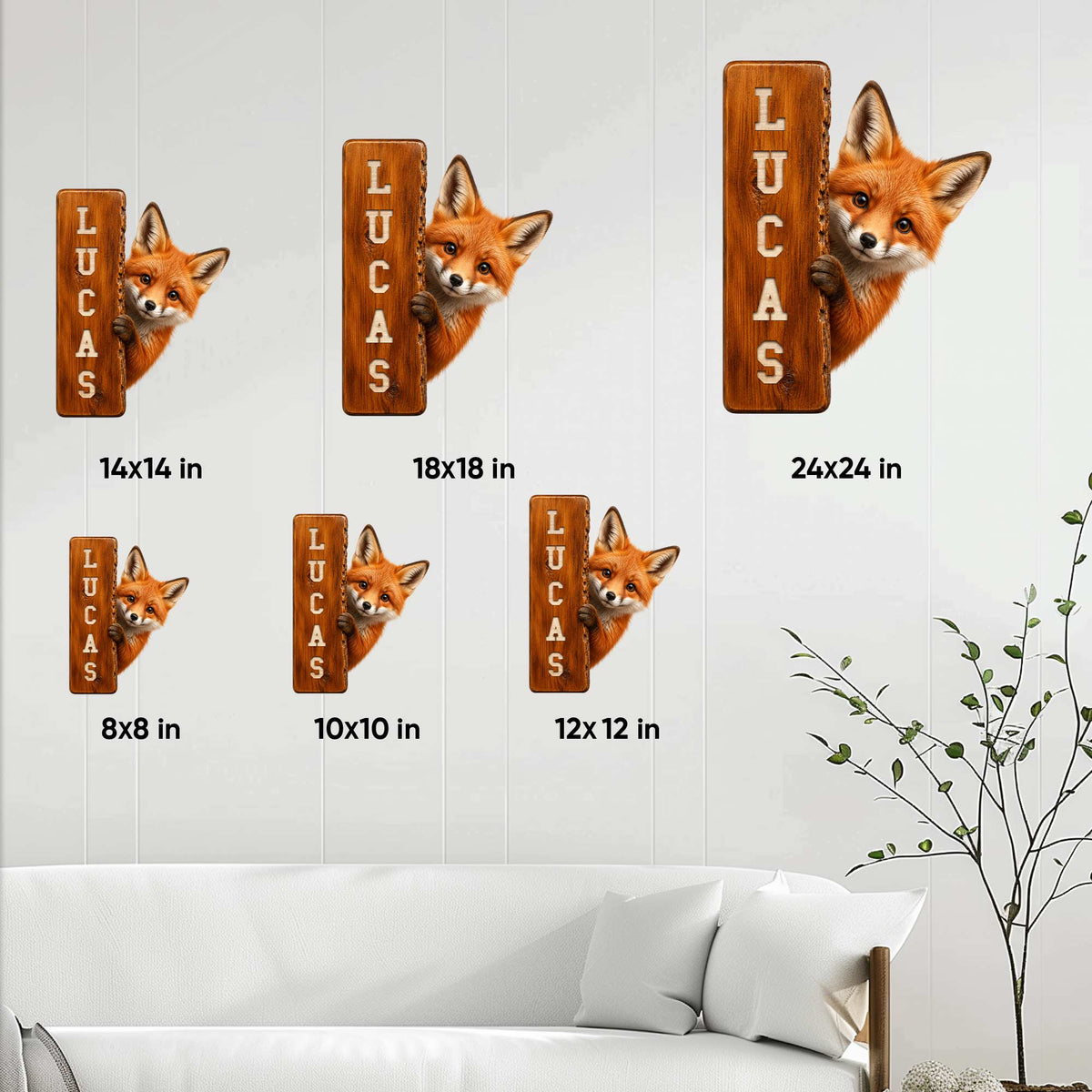 Fox metal sign size guide showing available square sizes from 8 by 8 inches to 24 by 24 inches