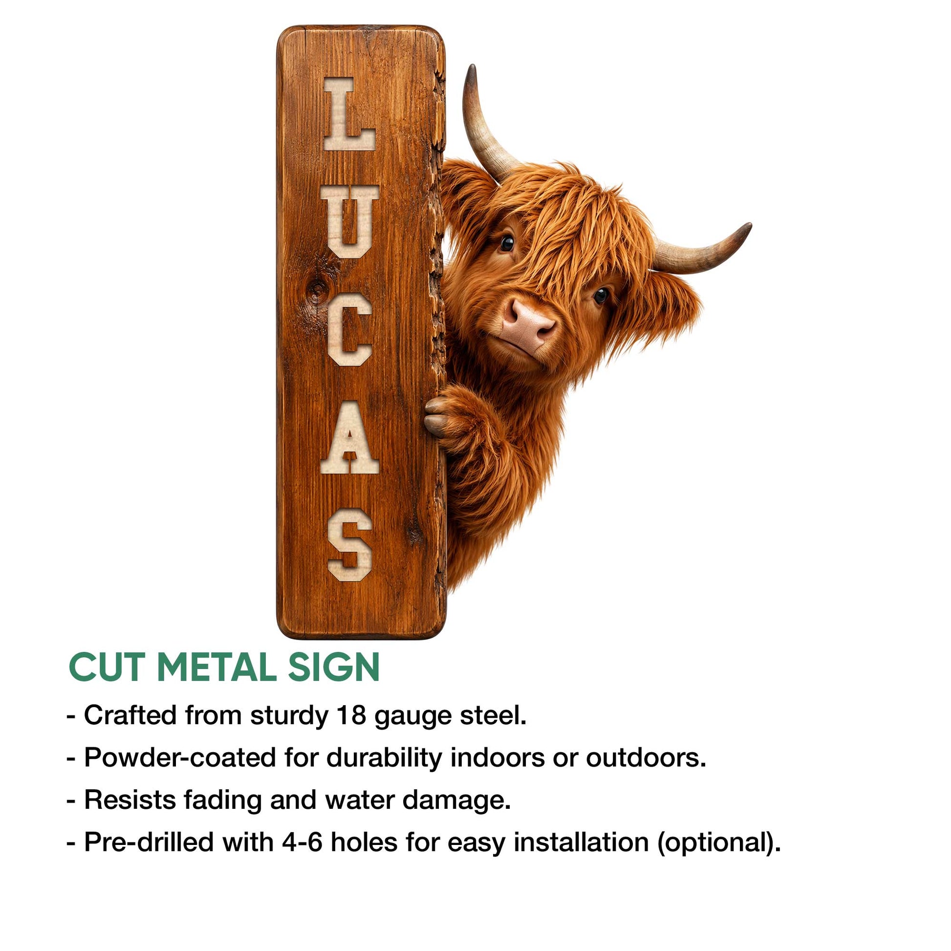 Highland cow cut metal sign shown with a rustic plank design and product feature details