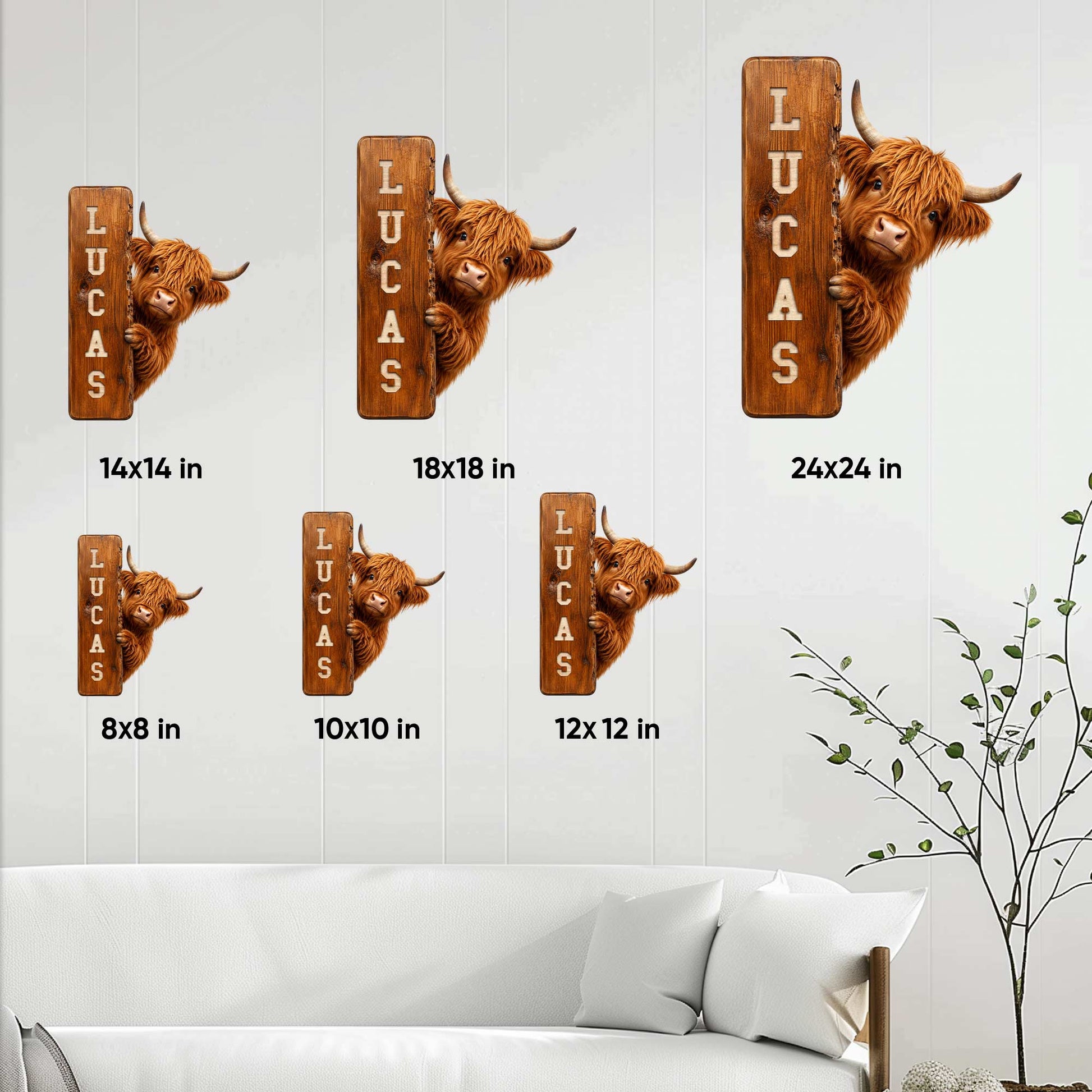 Highland cow metal sign size guide showing available dimensions from 8 by 8 to 24 by 24 inches