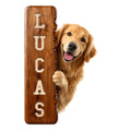 Golden Retriever peeking around a rustic wood-look metal sign for custom dog lover decor
