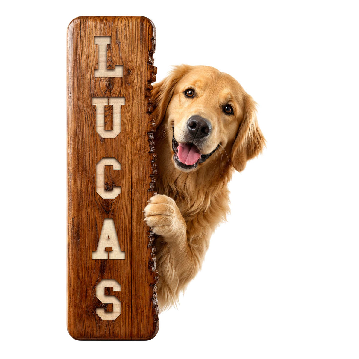 Golden Retriever peeking around a rustic wood-look metal sign for custom dog lover decor