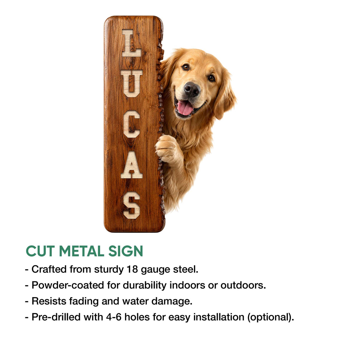 Golden Retriever cut metal sign shown with a rustic wood finish and vertical design