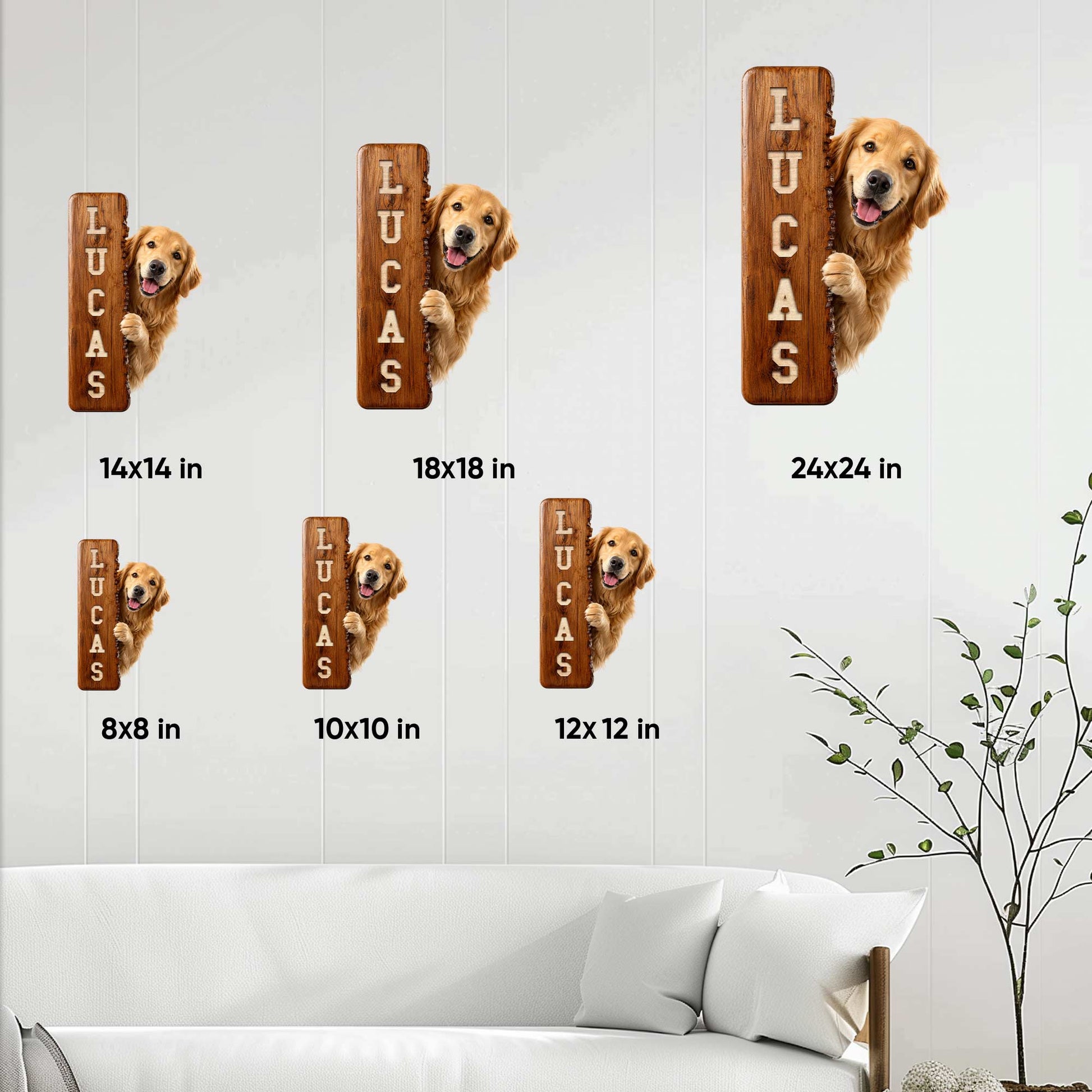 Golden Retriever metal sign size guide showing six available square size options