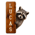 Custom raccoon metal sign featuring a playful raccoon peeking around a rustic wood plank