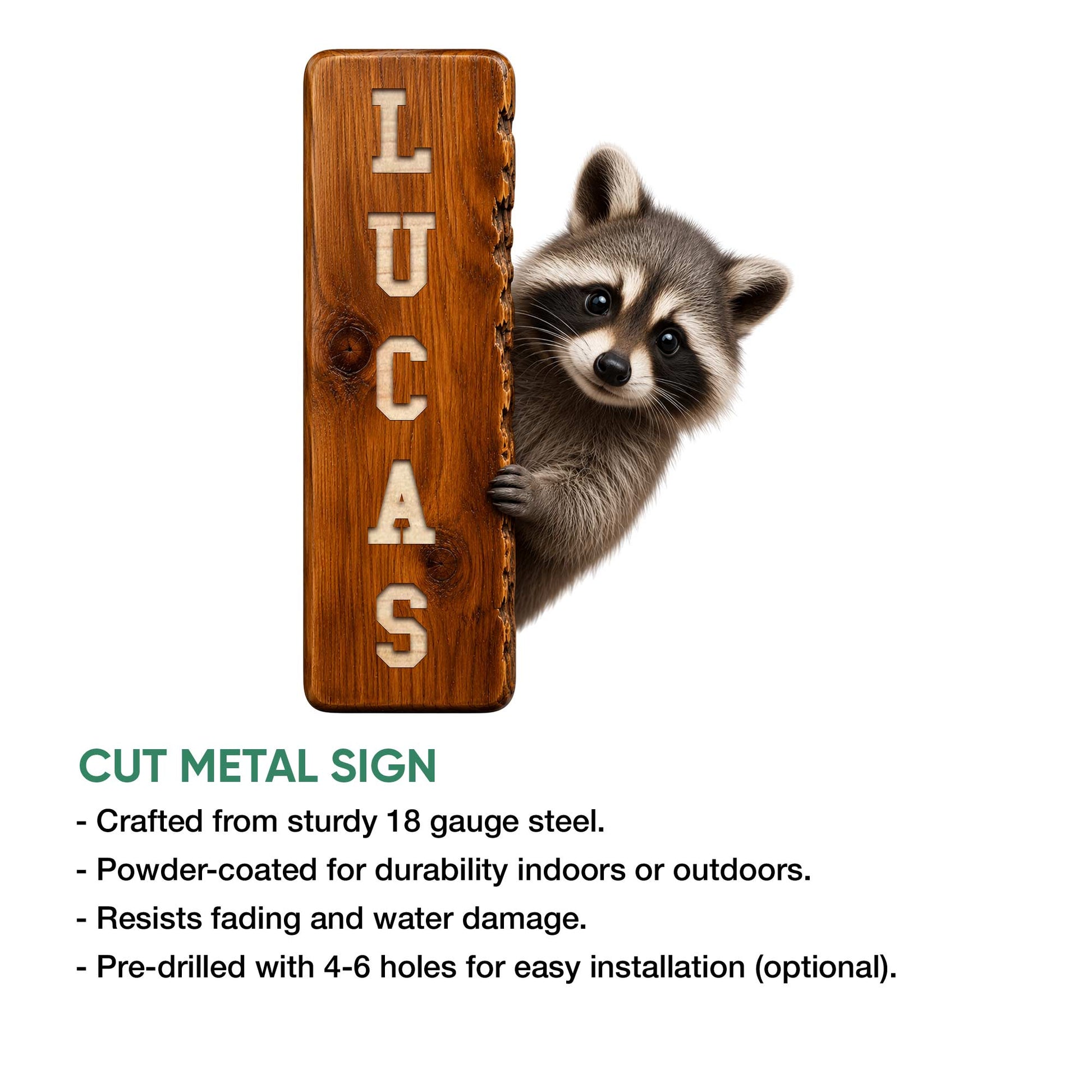 Raccoon cut metal sign shown with product feature details and indoor or outdoor use guidance