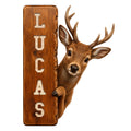 Custom deer hunting metal sign featuring a realistic buck peeking around a rustic wood plank