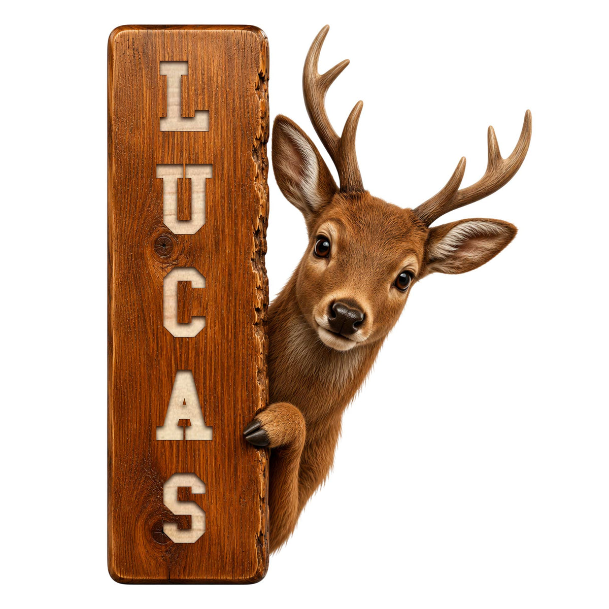 Custom deer hunting metal sign featuring a realistic buck peeking around a rustic wood plank