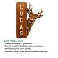 Deer hunting metal sign feature graphic showing the buck design and cut metal sign presentation