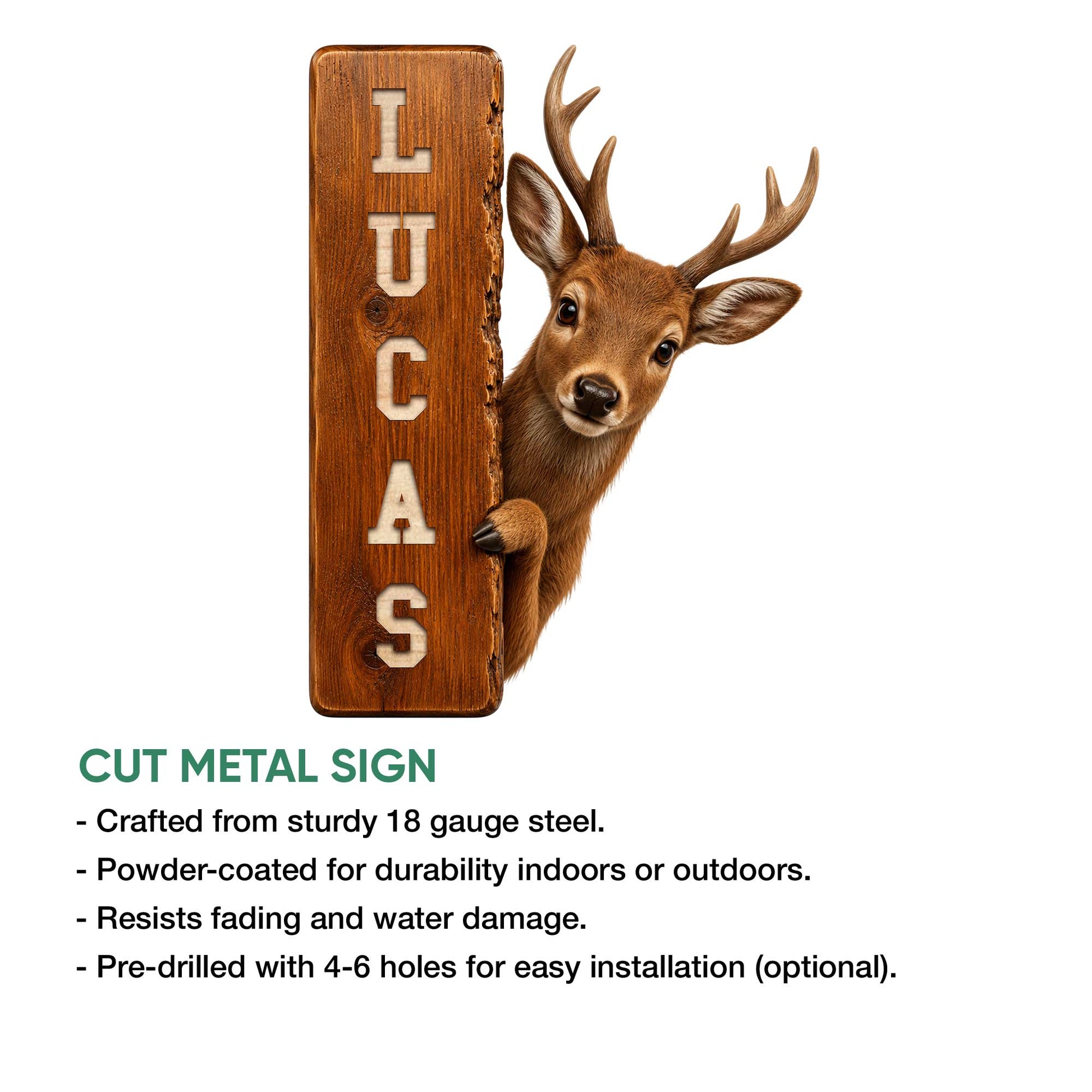 Deer hunting metal sign feature graphic showing the buck design and cut metal sign presentation