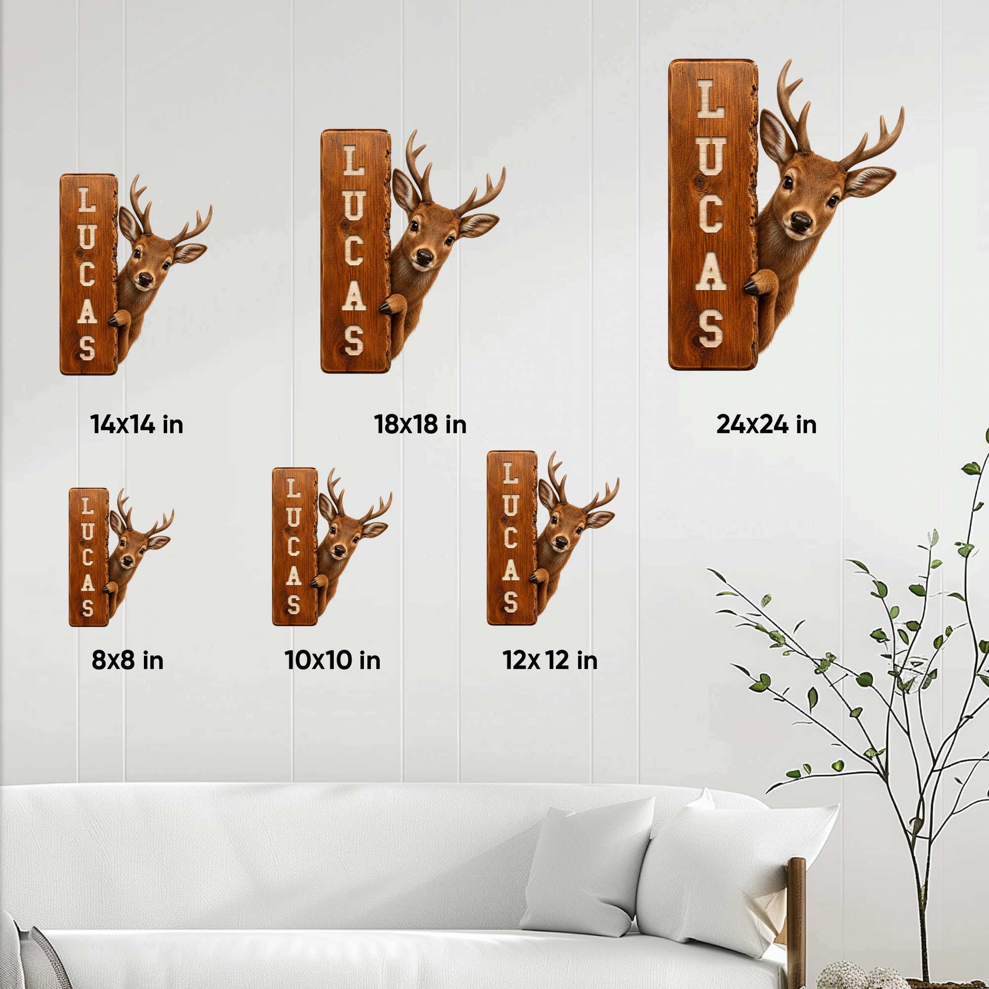 Deer hunting metal sign size guide showing multiple square size options in a home setting