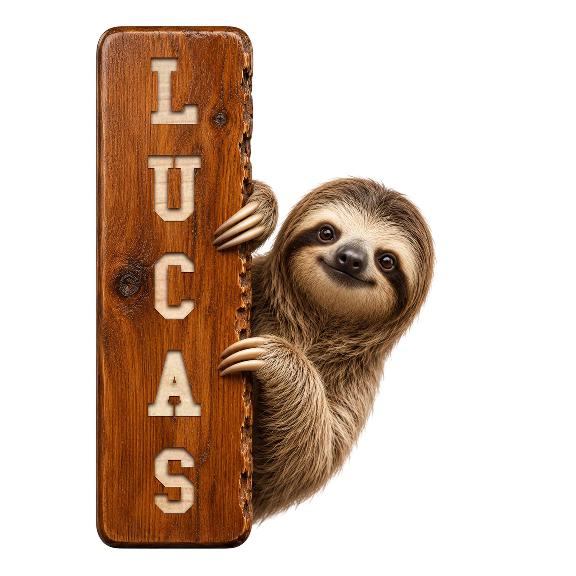 Sloth peeking around a rustic wood-look plank on a decorative metal wall sign