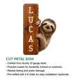 Sloth metal sign product graphic showing the cut-metal design and installation features