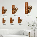 Sloth metal sign size guide showing six available square dimensions in a room setting
