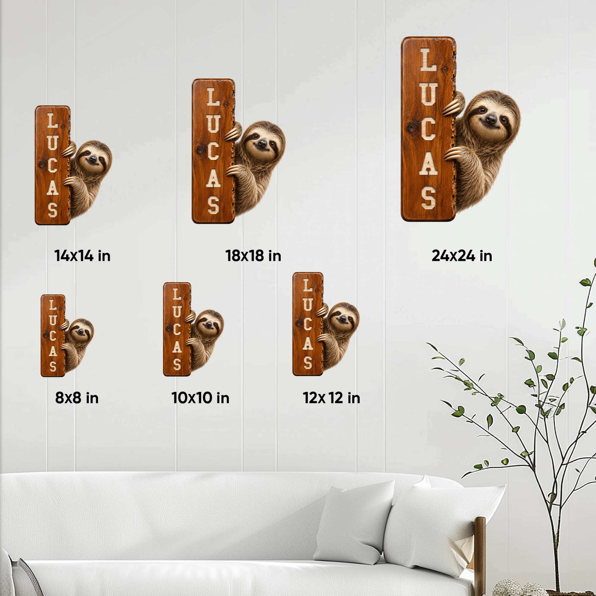 Sloth metal sign size guide showing six available square dimensions in a room setting