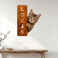 Tabby cat metal sign displayed on a white paneled wall above a console table
