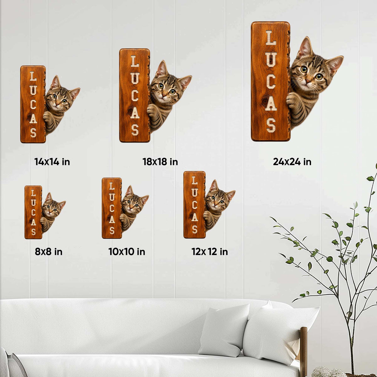 Tabby cat metal sign size guide showing available square sizes from 8 by 8 to 24 by 24 inches
