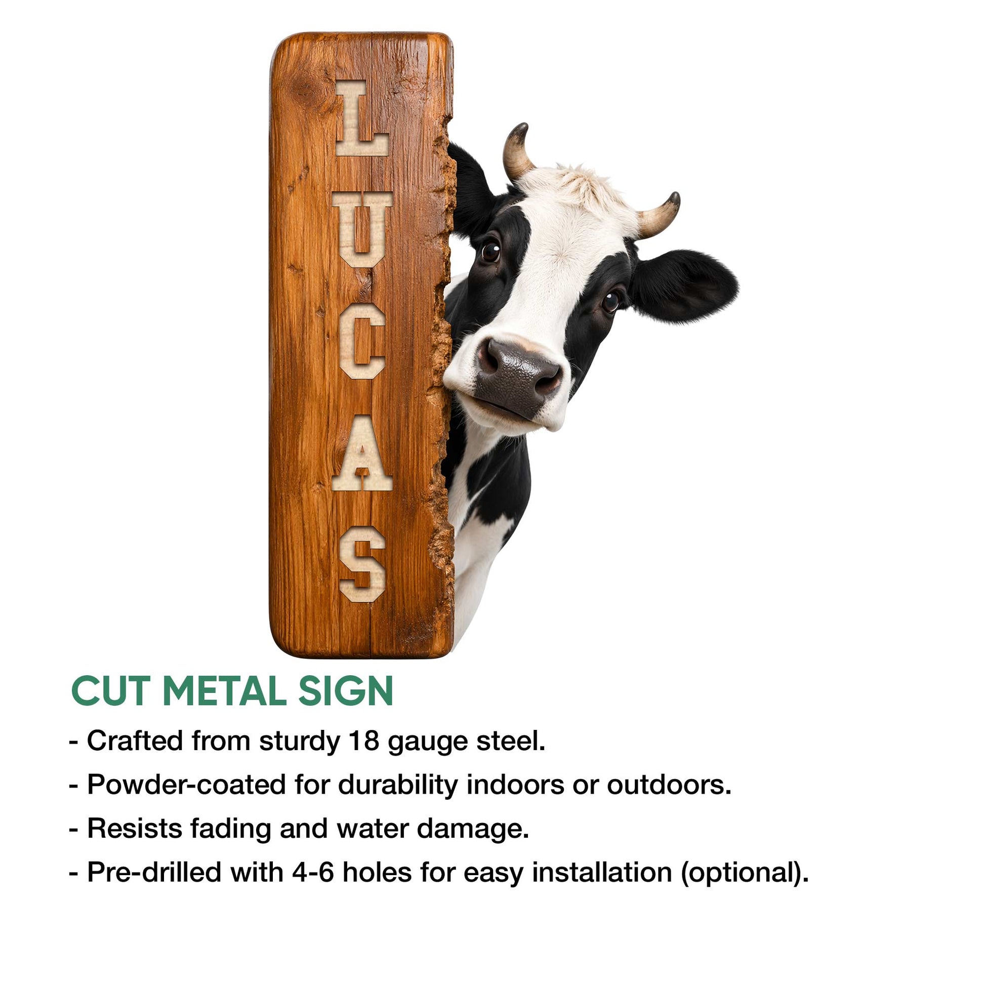 Cow metal sign feature graphic showing the cut-metal design and rustic cattle artwork