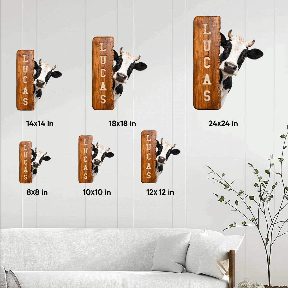 Cow metal sign size guide showing six available square size options in a home setting