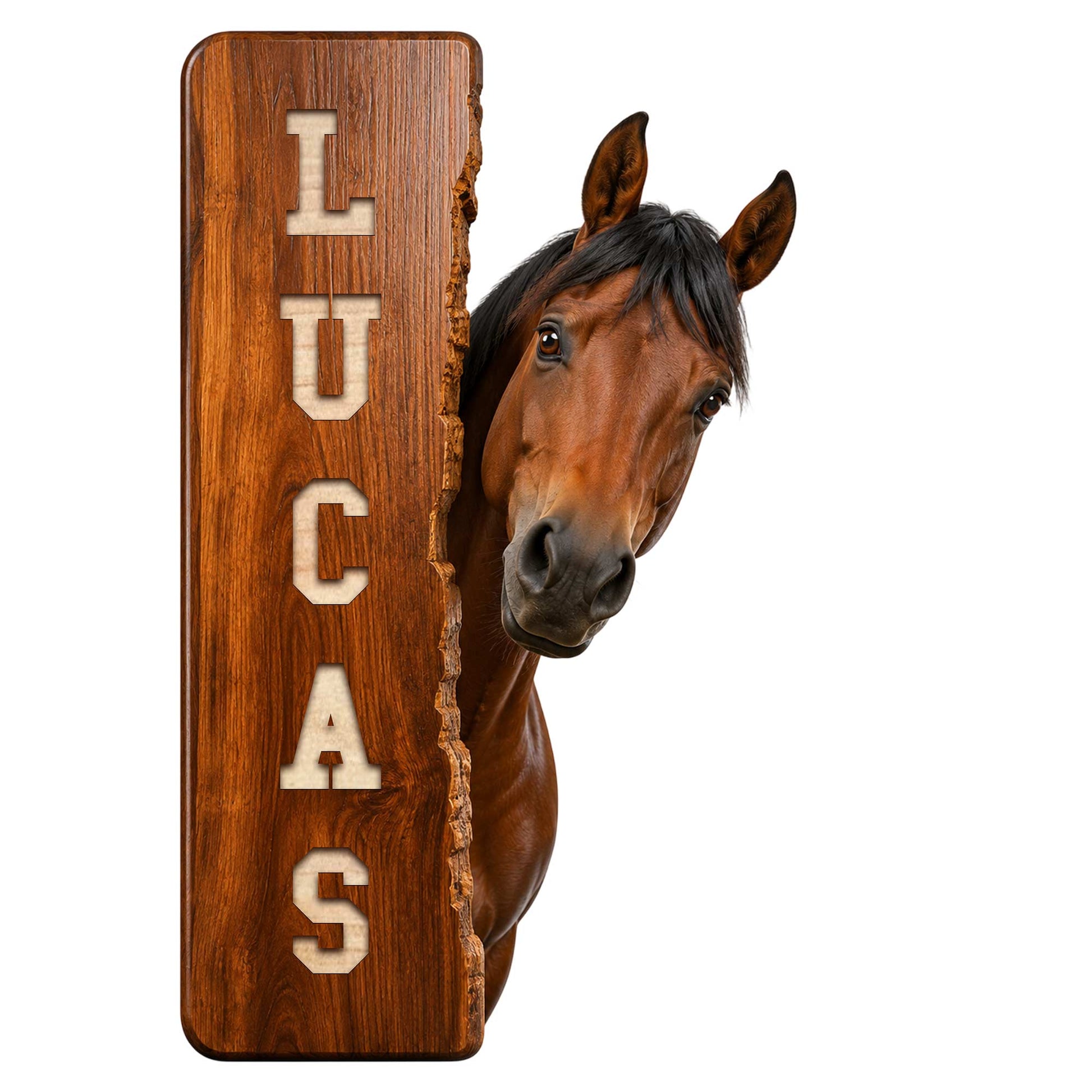 Rustic horse metal sign featuring a realistic brown horse peeking from a wood-look vertical plank