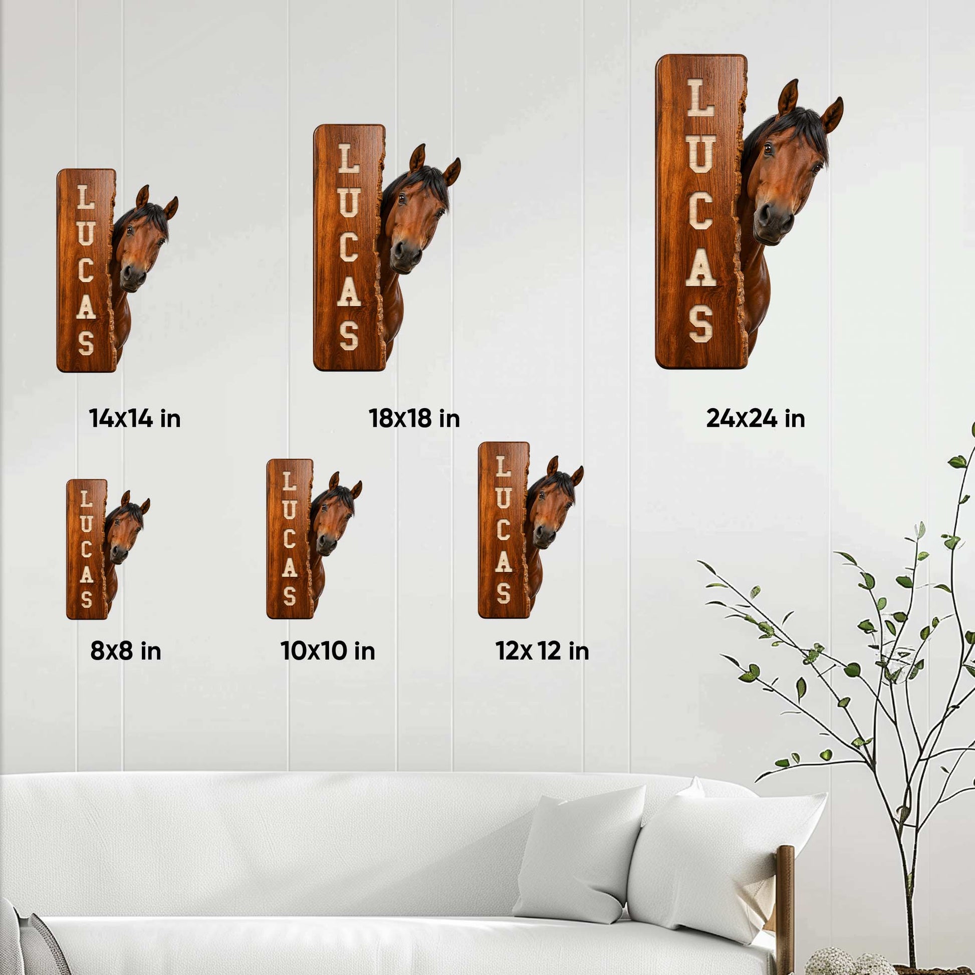 Horse metal sign size guide showing available dimensions from 8 by 8 inches to 24 by 24 inches