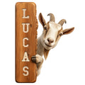 Custom goat metal sign featuring a realistic horned goat peeking around a rustic wood-look design