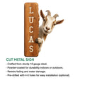 Goat metal sign shown with a realistic peeking goat and product feature information