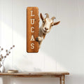 Realistic goat metal sign displayed as farmhouse wall decor above a rustic console table