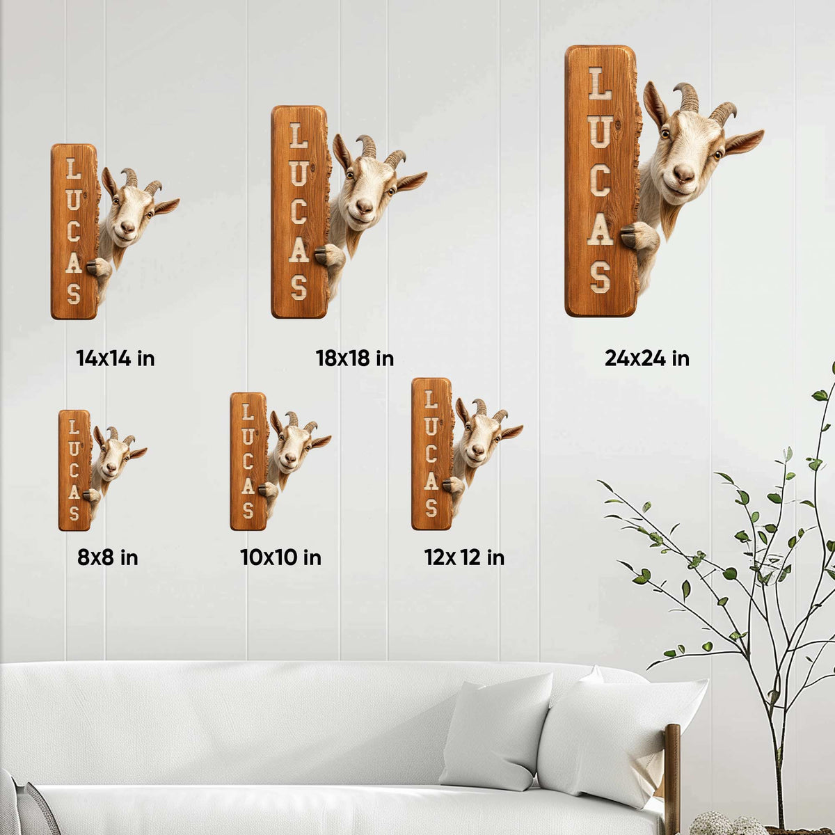 Goat metal sign size guide showing multiple available square dimensions in a home setting