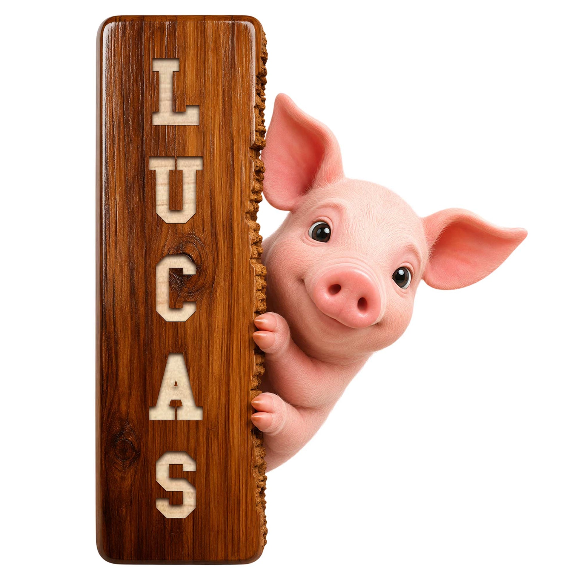 Cute pig peeking around a rustic wood plank on a custom metal sign for pig lover decor