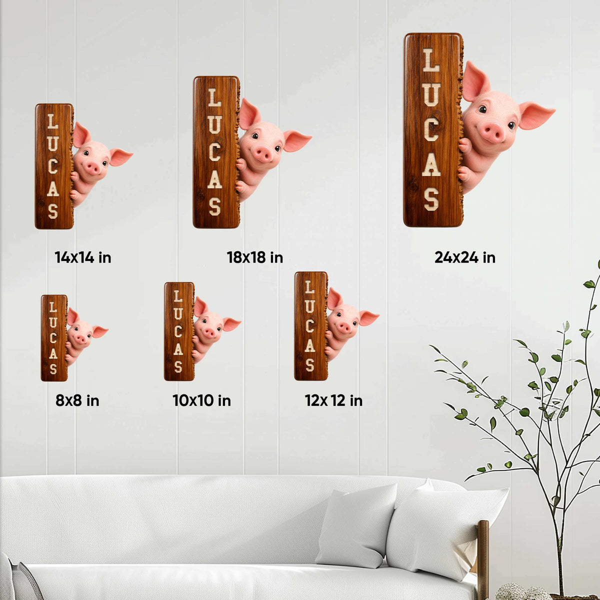 Pig metal sign size guide showing available 8x8, 10x10, 12x12, 14x14, 18x18, and 24x24 inch options