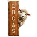 Custom sheep metal sign featuring a curly sheep peeking around a rustic wood-look plank