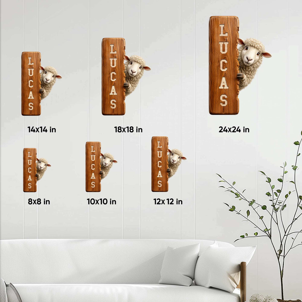 Sheep metal sign size guide showing available sizes from 8 by 8 to 24 by 24 inches